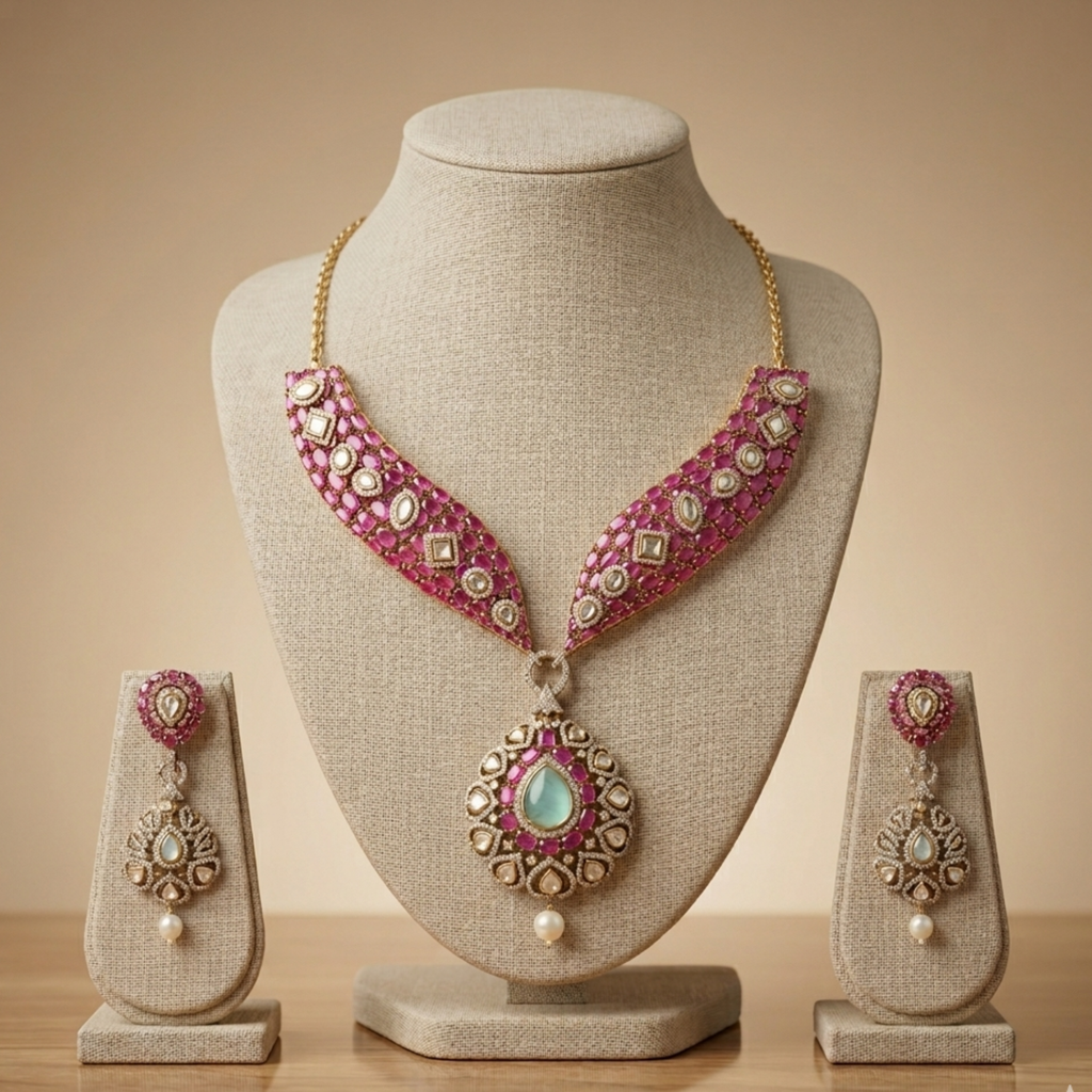 Royal Pink Kundan Choker Set with Mint Drop Pendant