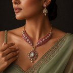 Royal Pink Kundan Choker Set with Mint Drop Pendant