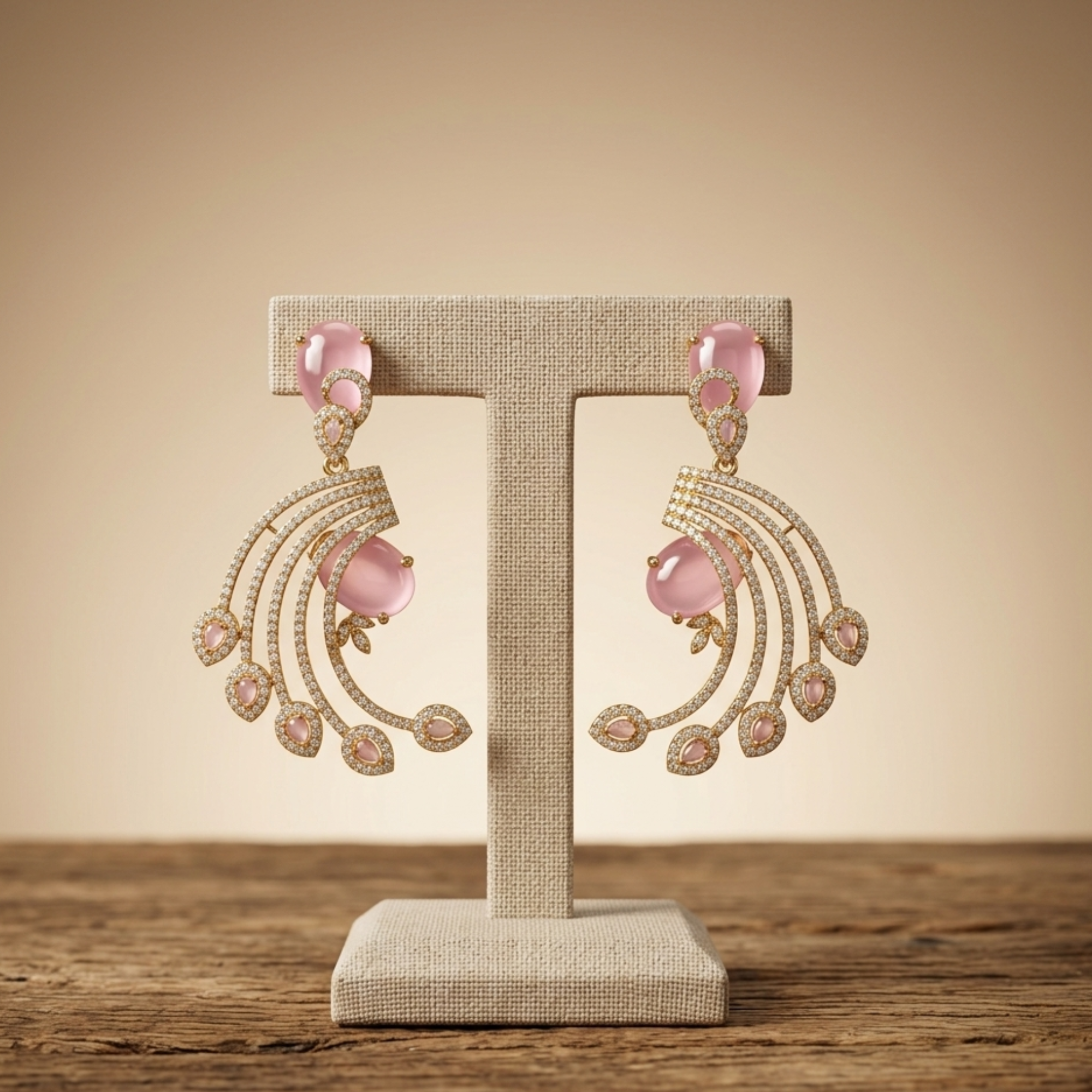 Rose Pink Crystal Fan Chandelier Earrings