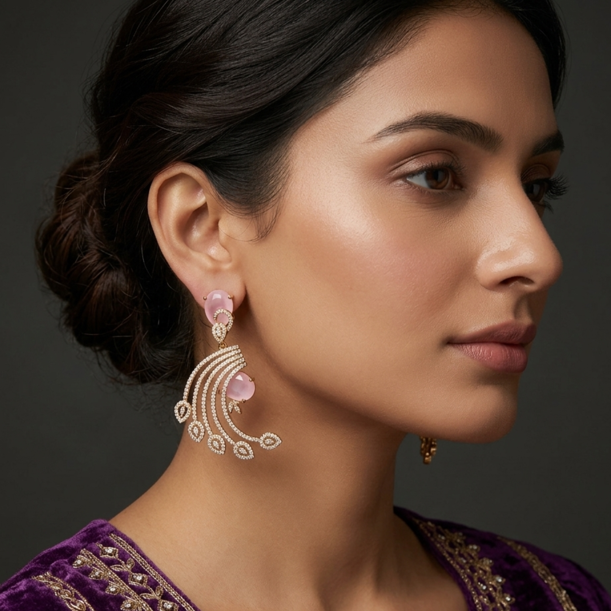Rose Pink Crystal Fan Chandelier Earrings