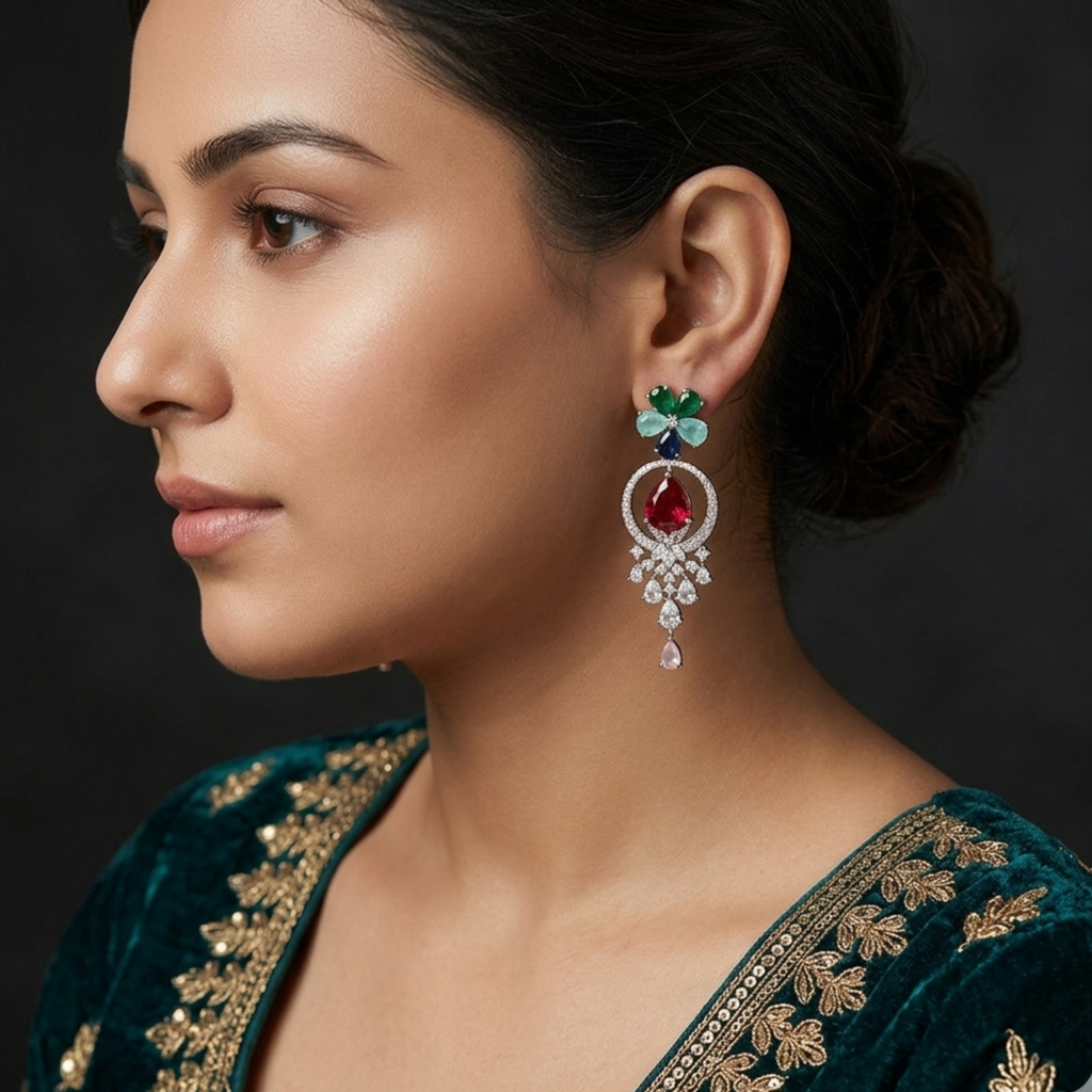 Multicolour Floral CZ Long Drop Earrings