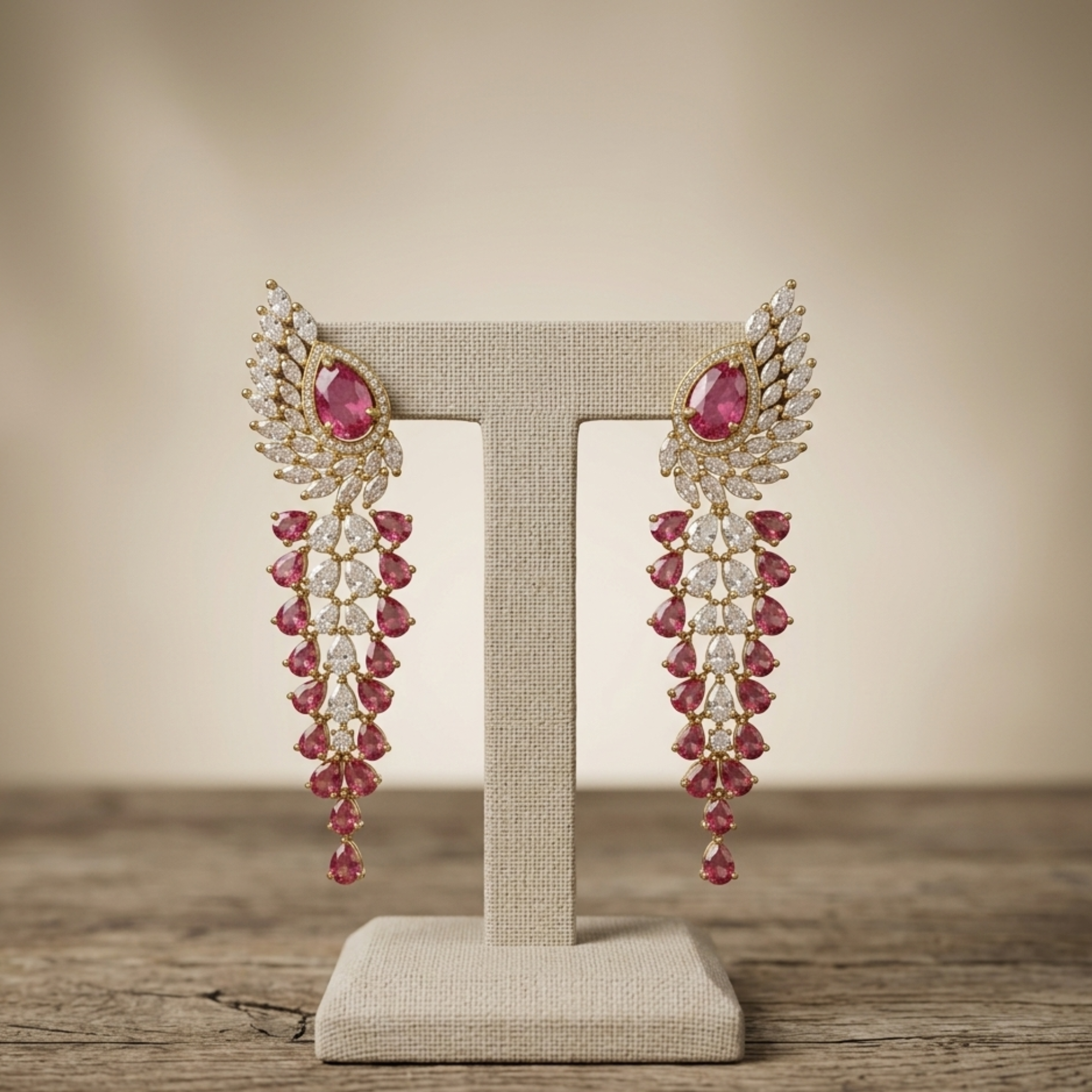 Ruby Red & White CZ Wing Waterfall Earrings