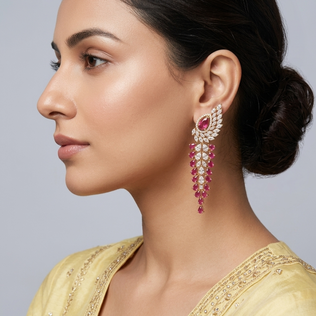Ruby Red & White CZ Wing Waterfall Earrings