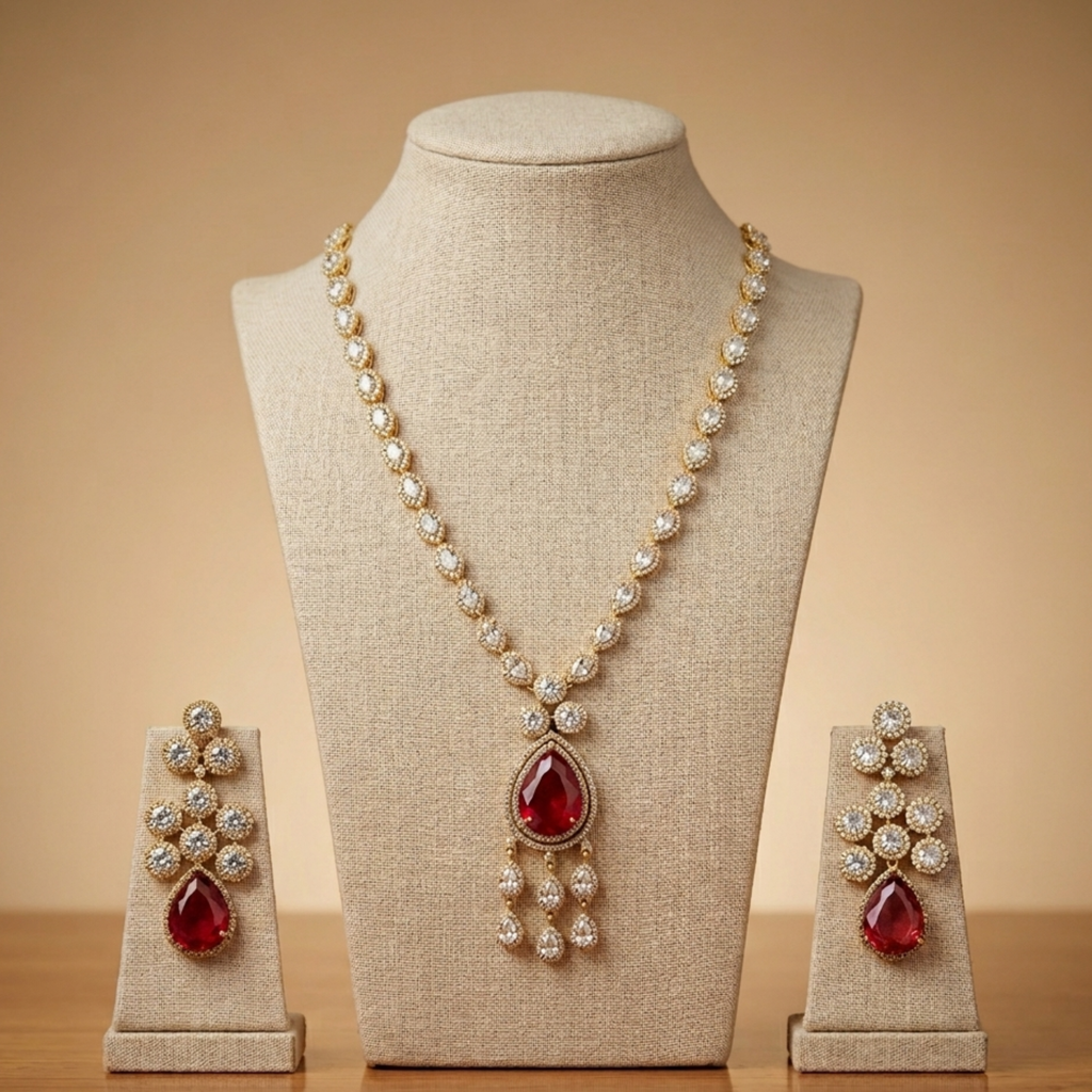 Ruby CZ Tennis Pendant Necklace Set
