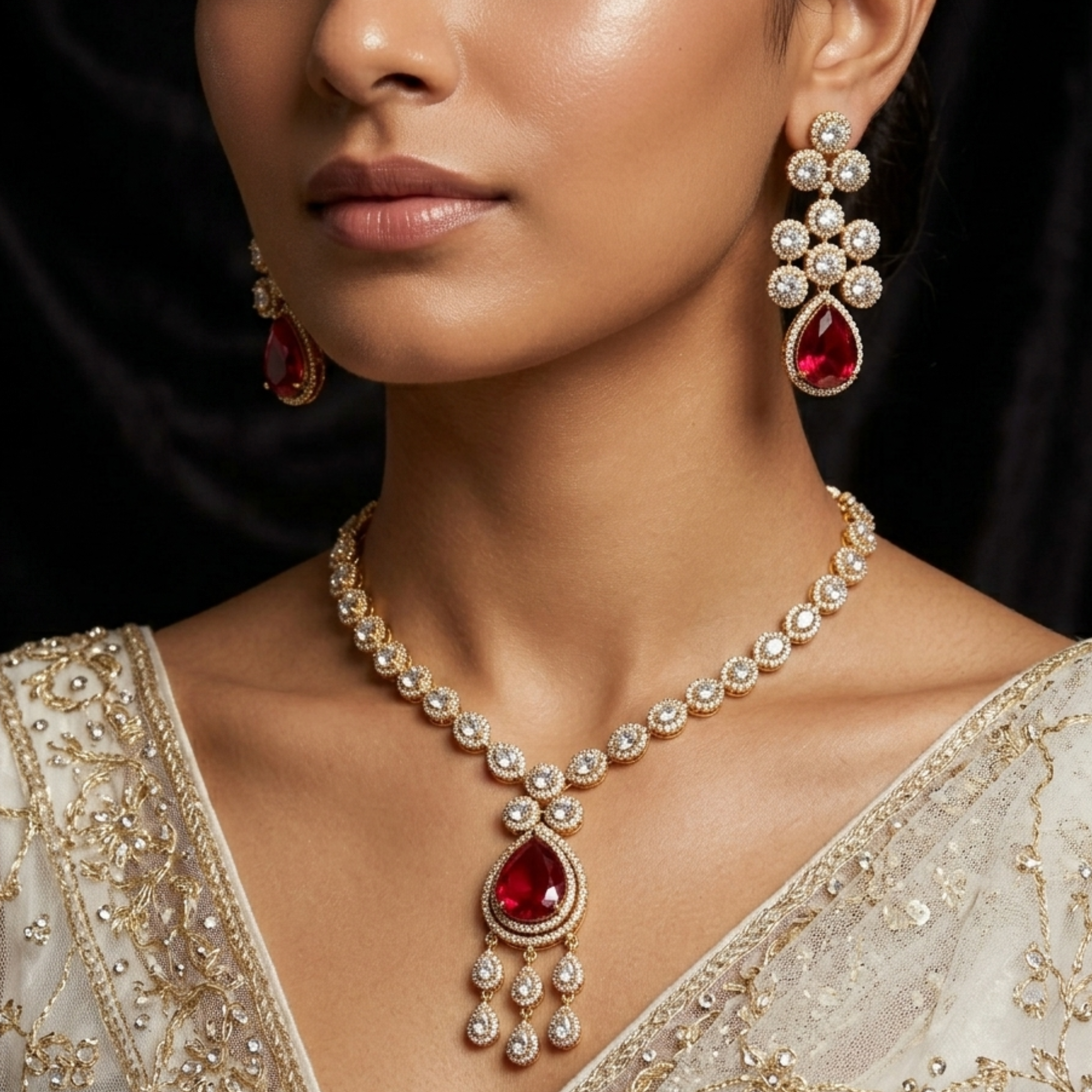 Ruby CZ Tennis Pendant Necklace Set