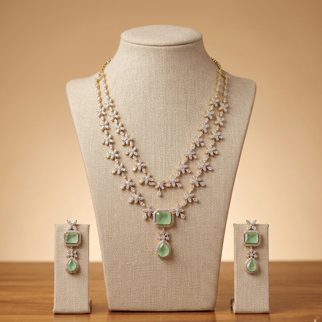 Mint Floral Double Layer CZ Necklace Set