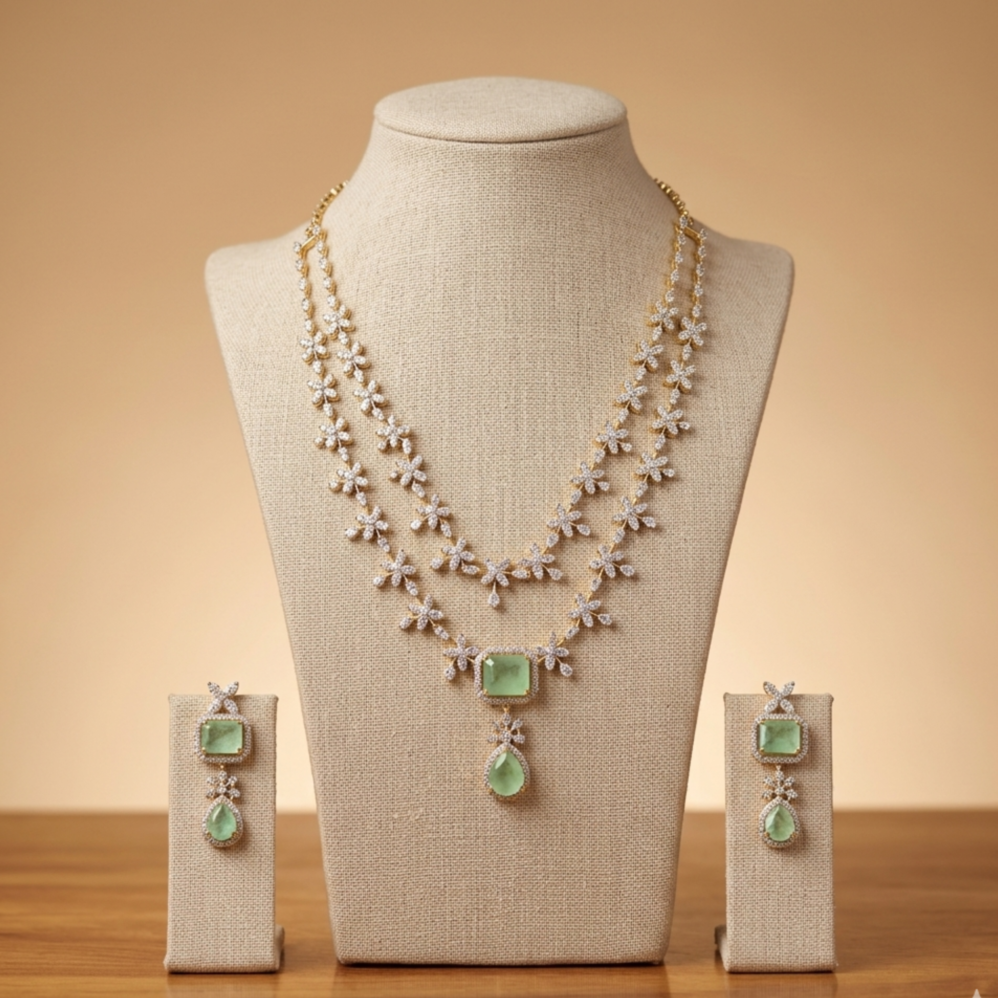 Mint Floral Double Layer CZ Necklace Set