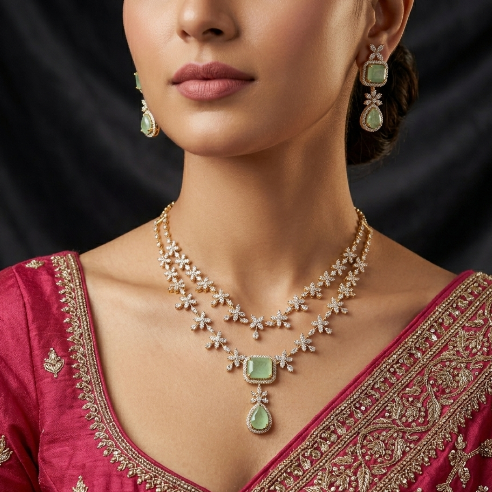 Mint Floral Double Layer CZ Necklace Set