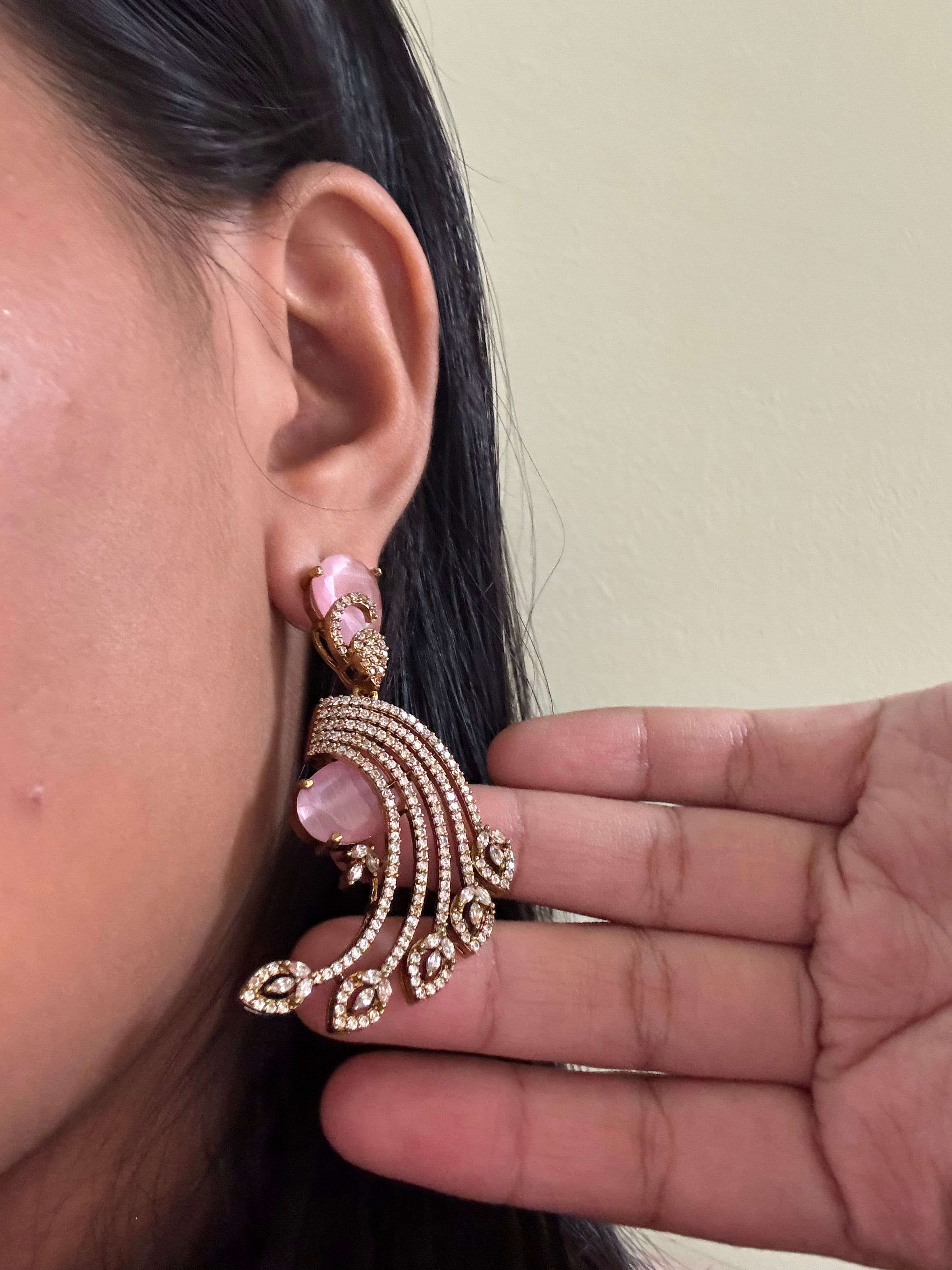Rose Pink Crystal Fan Chandelier Earrings
