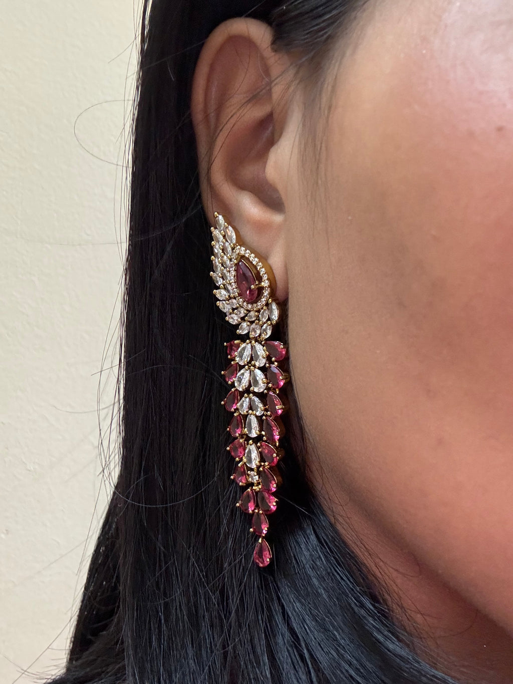 Ruby Red & White CZ Wing Waterfall Earrings
