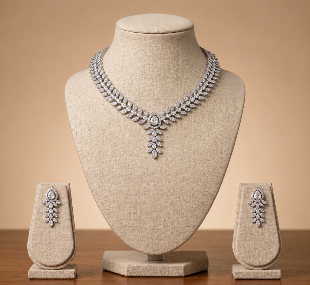 Silver Wheat Leaf CZ Necklace Set