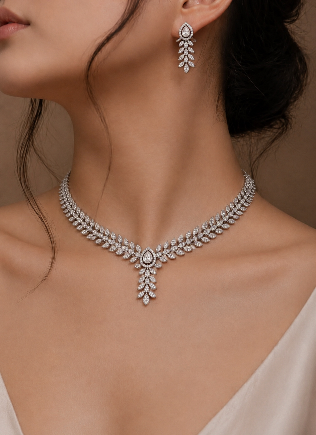 Silver Wheat Leaf CZ Necklace Set