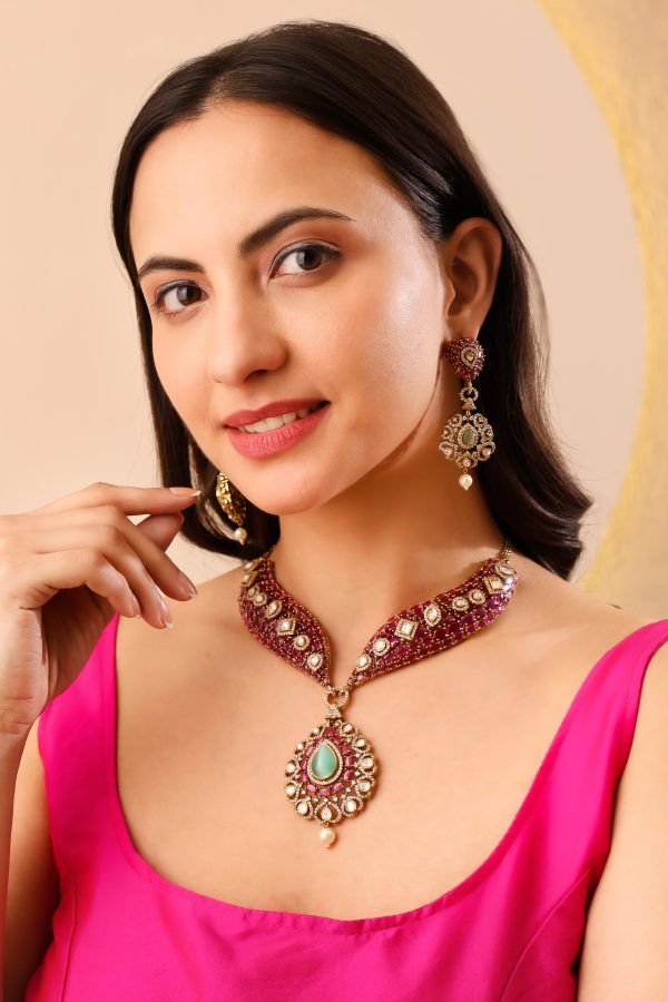 Royal Pink Kundan Choker Set with Mint Drop Pendant