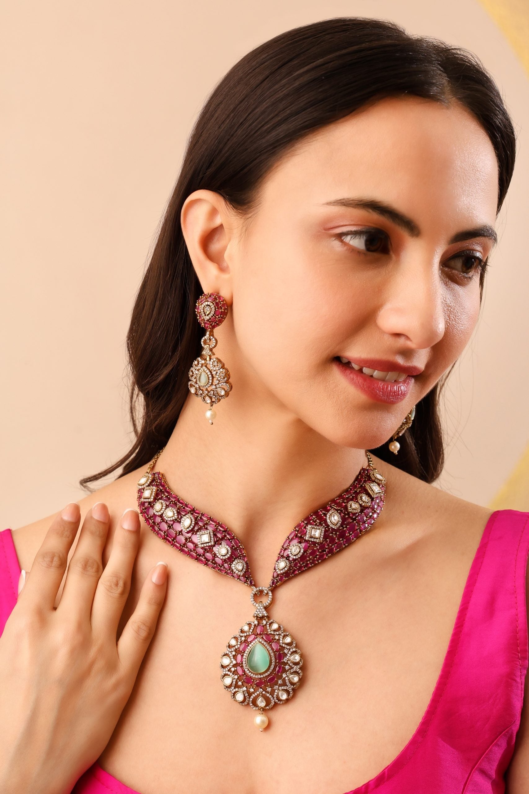 Royal Pink Kundan Choker Set with Mint Drop Pendant