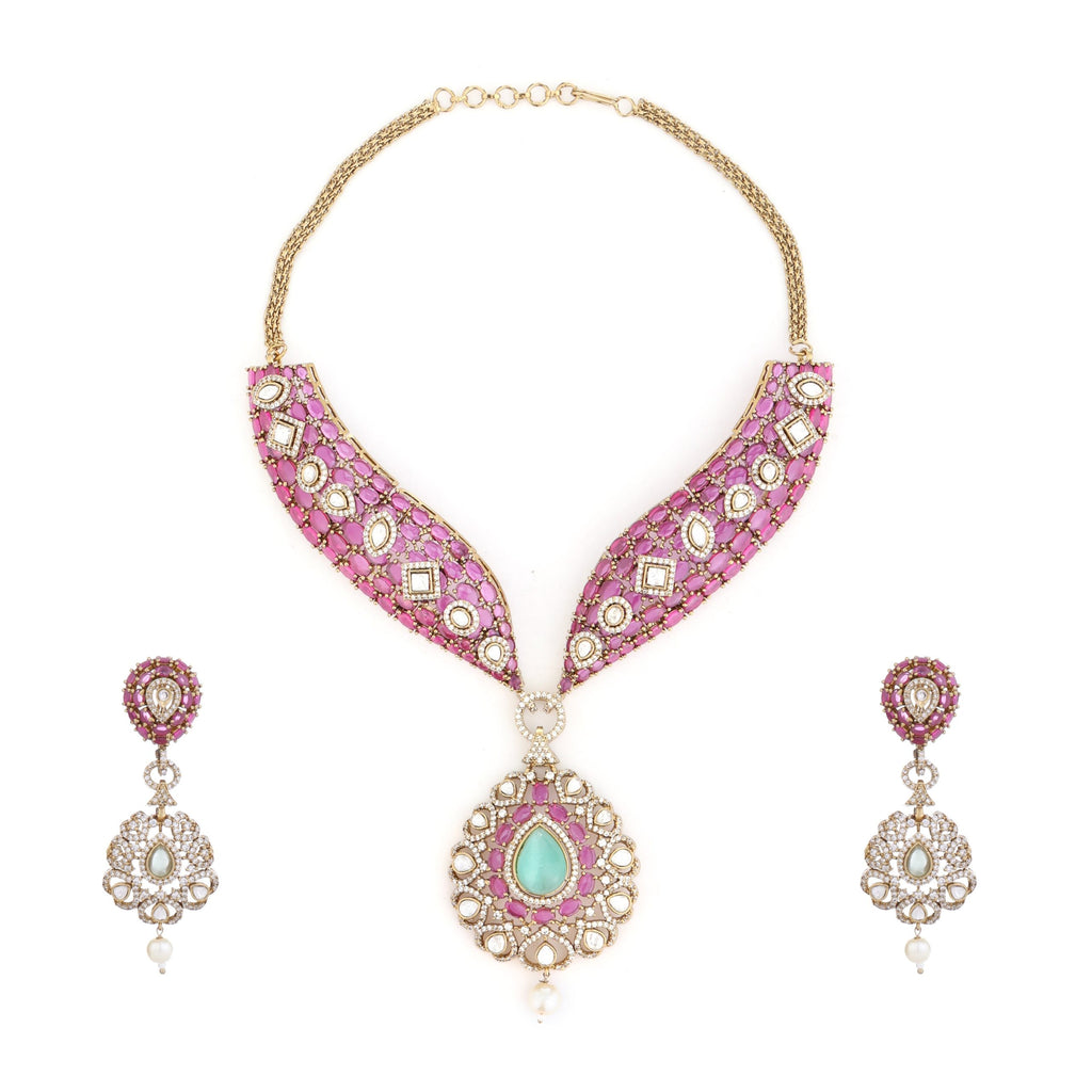 Royal Pink Kundan Choker Set with Mint Drop Pendant
