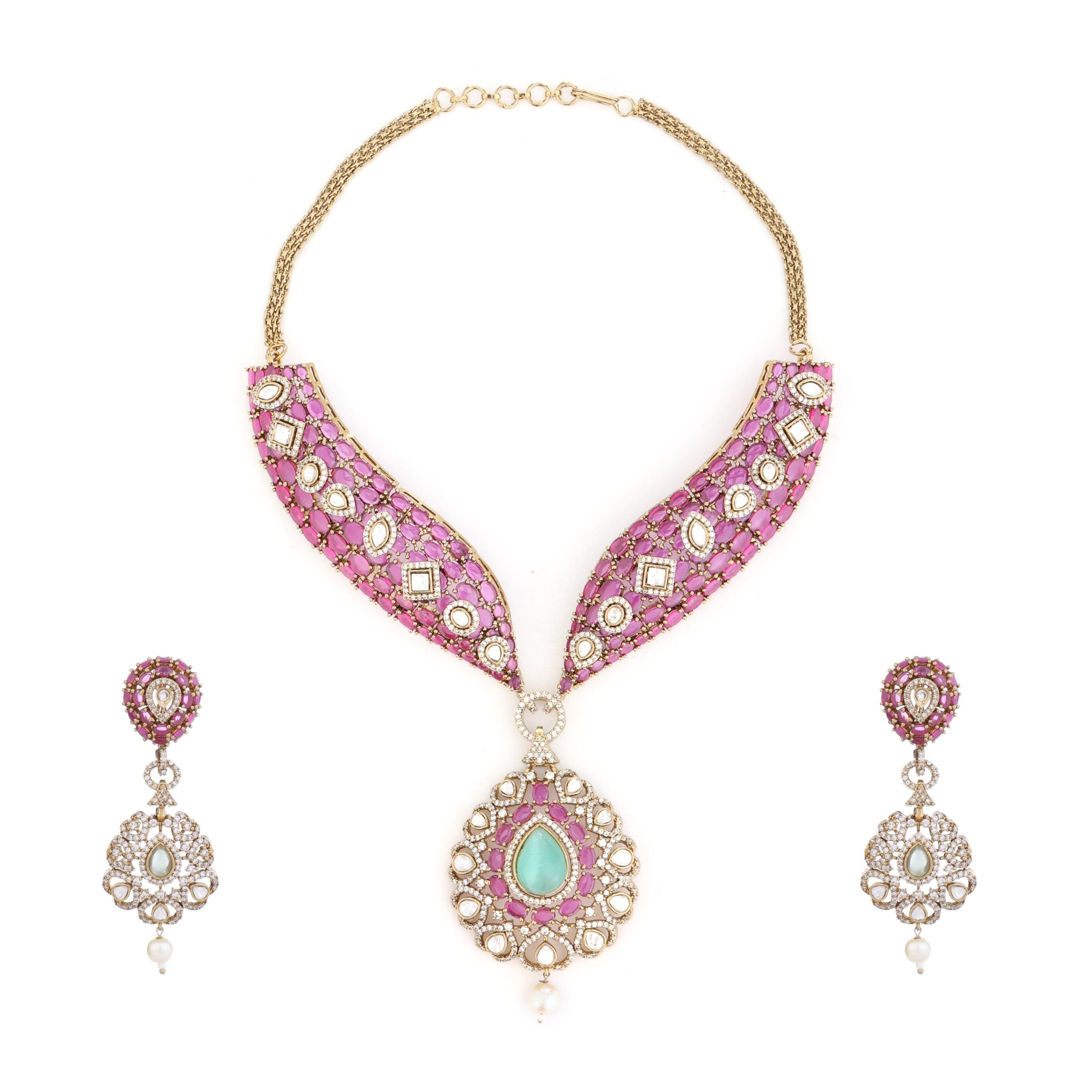 Royal Pink Kundan Choker Set with Mint Drop Pendant
