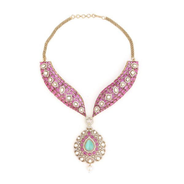 Royal Pink Kundan Choker Set with Mint Drop Pendant