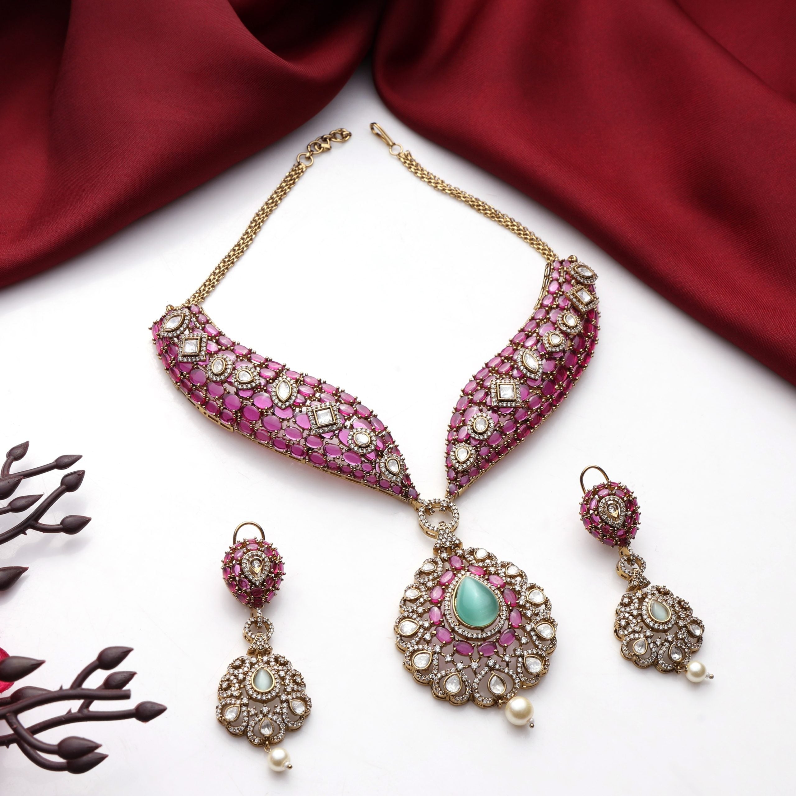Royal Pink Kundan Choker Set with Mint Drop Pendant