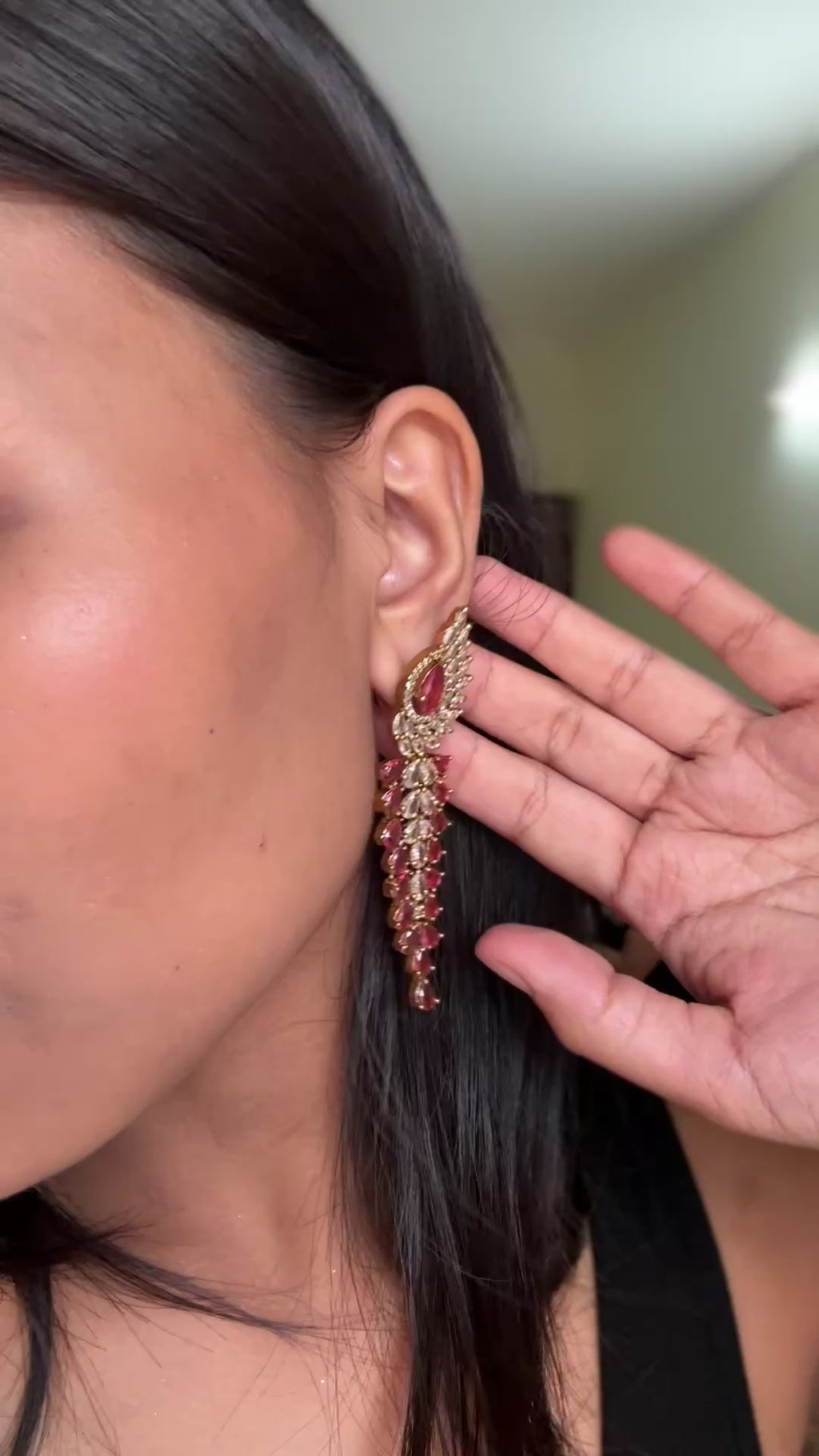 Ruby Red & White CZ Wing Waterfall Earrings