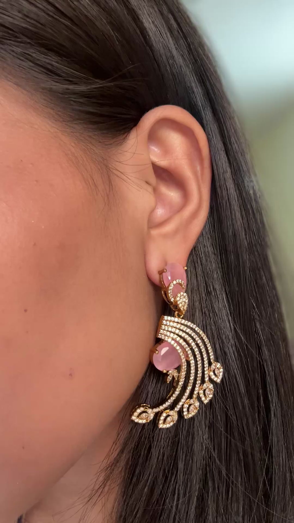 Rose Pink Crystal Fan Chandelier Earrings
